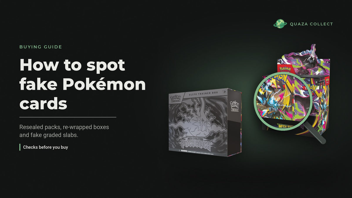 A loupe over a Pitch Black booster box beside its Elite Trainer Box