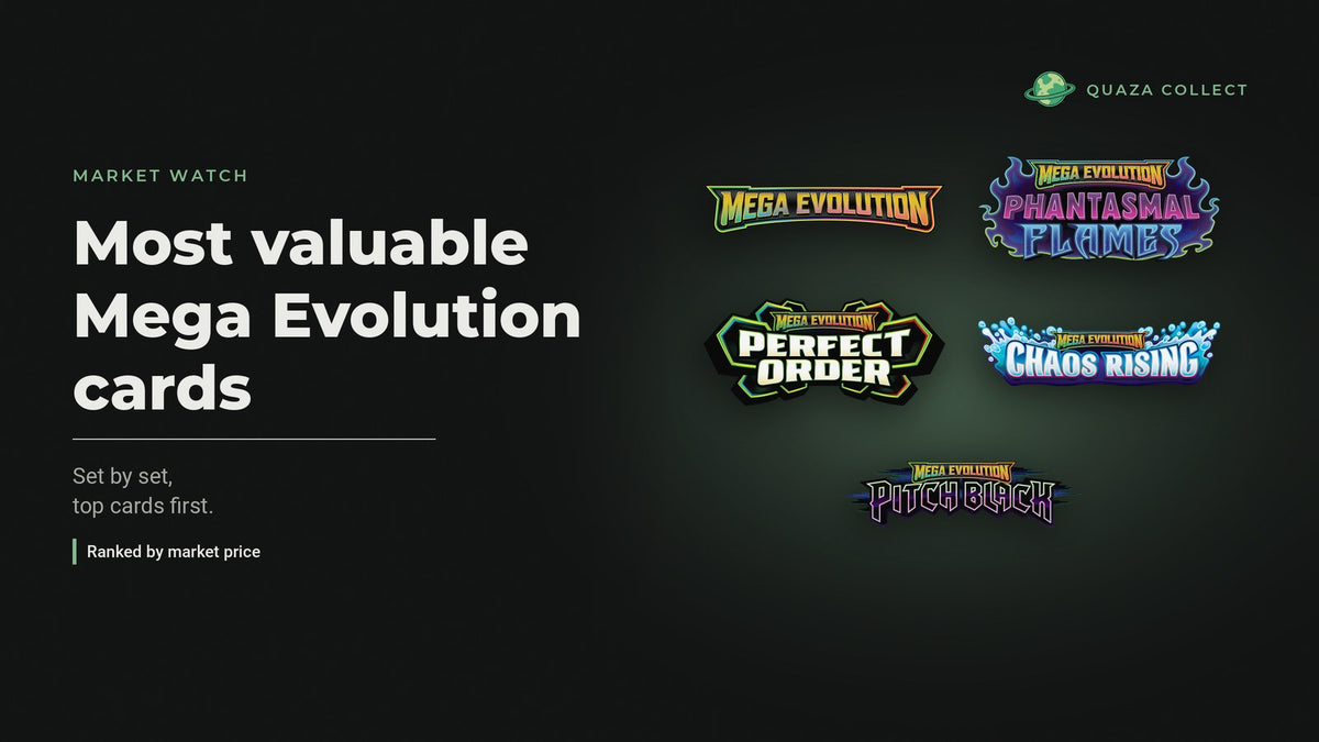 Logos of Mega Evolution, Phantasmal Flames, Perfect Order, Chaos Rising and Pitch Black