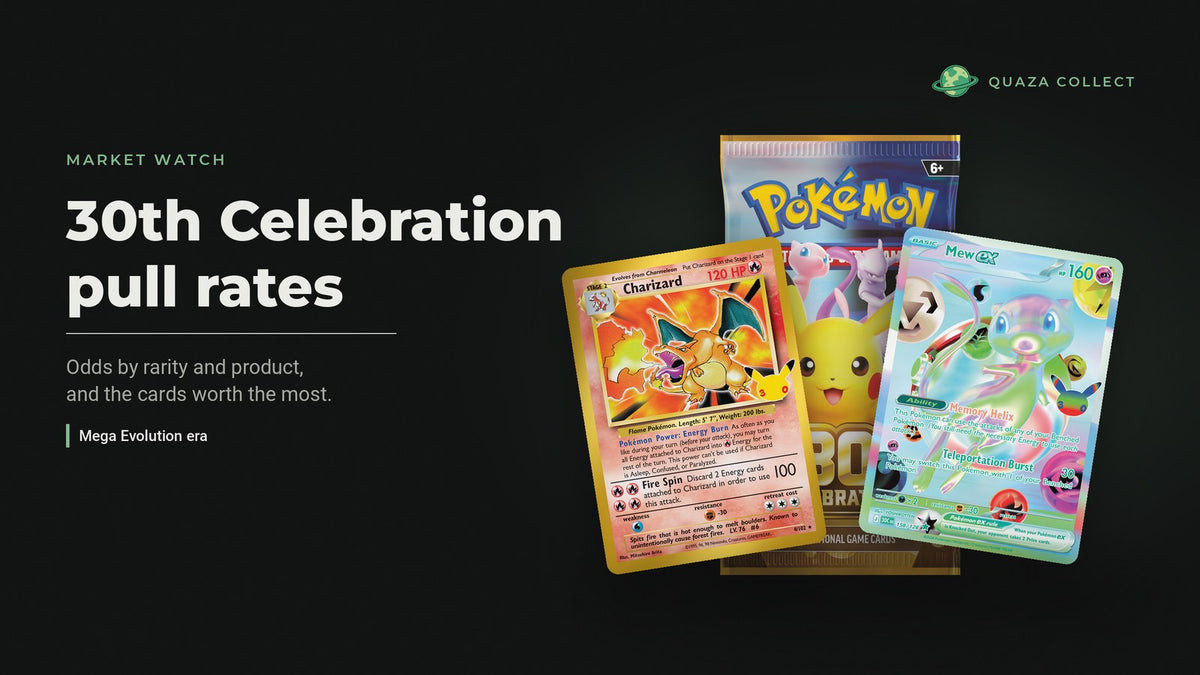 30th Celebration booster pack between a Classic Collection Charizard and a Mew ex card