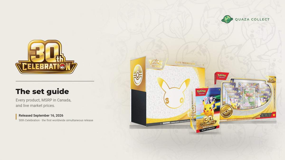 30th Celebration Elite Trainer Box, Booster Bundle and Binder Collection beside the 30th Celebration logo