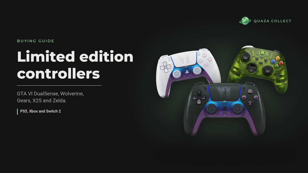 Grand Theft Auto VI DualSense controllers in black and white and the Xbox X25 Special Edition controller