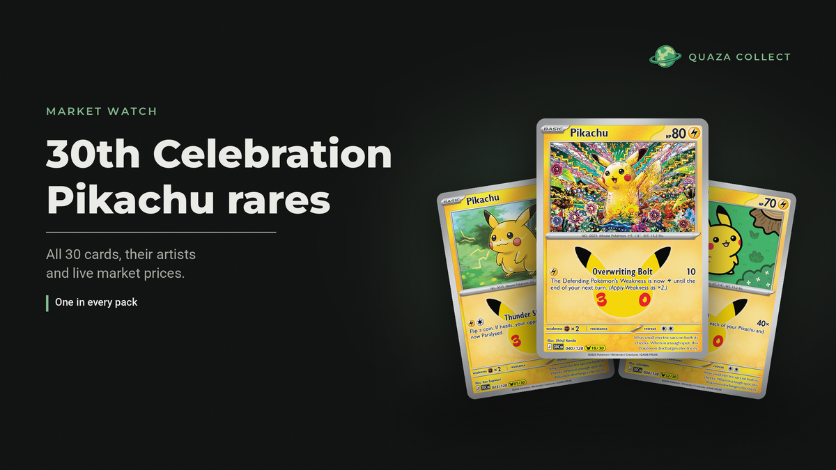 Three Pikachu rare cards from Pokémon 30th Celebration