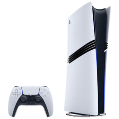 PlayStation 5 Pro Console upright with the DualSense controller, shown on the vertical stand sold separately