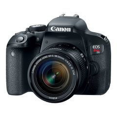 Canon EOS Rebel T7i with the EF-S 18-55mm f/4-5.6 IS STM lens, front three-quarter view