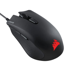 Corsair HARPOON RGB PRO wired gaming mouse in Black, top view from the front left with the red Corsair sails logo, scroll wheel and USB cable