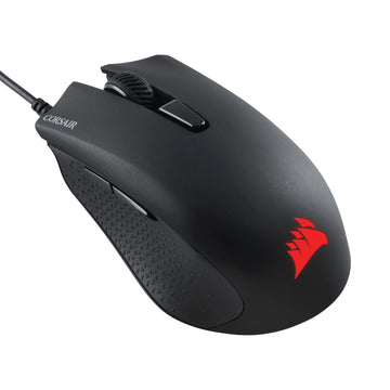 Corsair HARPOON RGB PRO wired gaming mouse in Black, top view from the front left with the red Corsair sails logo, scroll wheel and USB cable