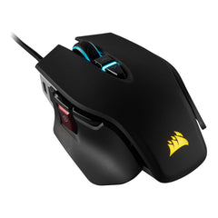 Corsair M65 RGB ELITE gaming mouse in Black, three-quarter top view showing the scroll wheel, DPI buttons, red sniper button and braided cable