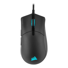 Corsair SABRE RGB PRO Champion Series gaming mouse in Black, top view showing the scroll wheel, the DPI button and the Corsair sails logo lit in blue