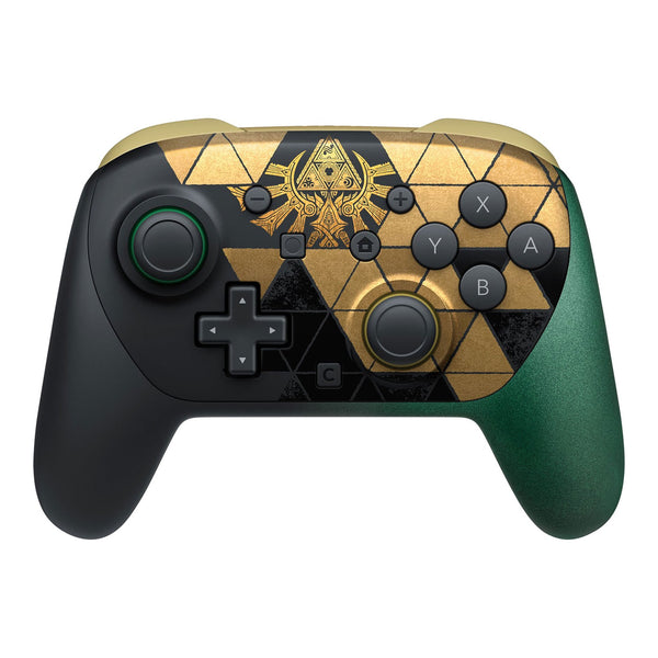 Nintendo Switch 2 Pro Controller The Legend of Zelda 40th Anniversary Edition, front view with the gold Triforce crest and triangle pattern