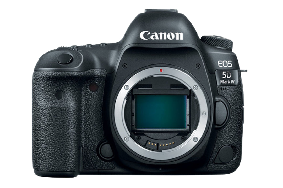 Canon EOS 5D Mark IV DSLR camera body, front view on white, EF mount open, no lens attached
