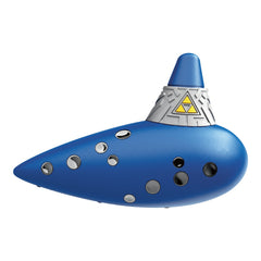 HORI Electric Ocarina of Time for Nintendo Switch 2, side view of the blue ocarina with the silver Triforce mouthpiece band
