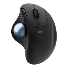 Logitech ERGO M575 Wireless Trackball in Black, top view showing the blue thumb trackball, scroll wheel and back and forward buttons
