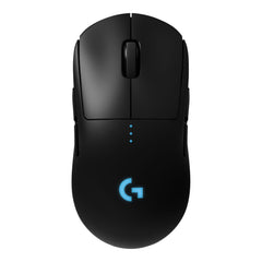 Logitech G PRO LIGHTSPEED Wireless Gaming Mouse in Black, top view with the scroll wheel, the three DPI lights and the lit G logo