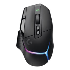 Logitech G502 X PLUS wireless gaming mouse in Black, top view showing the dual-mode scroll wheel, the DPI buttons and the LIGHTSYNC RGB light strip