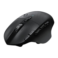 Logitech G604 LIGHTSPEED Wireless Gaming Mouse in Black, angled front view showing the metal scroll wheel, the plus and minus buttons and the six thumb buttons