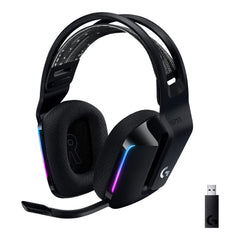 Logitech G733 LIGHTSPEED wireless RGB gaming headset in Black with its LIGHTSPEED USB-A wireless receiver