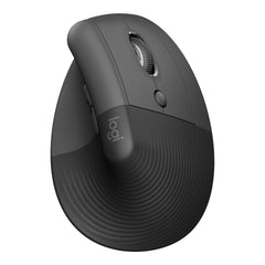 Logitech Lift Vertical Ergonomic Mouse in Graphite, top view showing the scroll wheel, the button below it and the textured grip