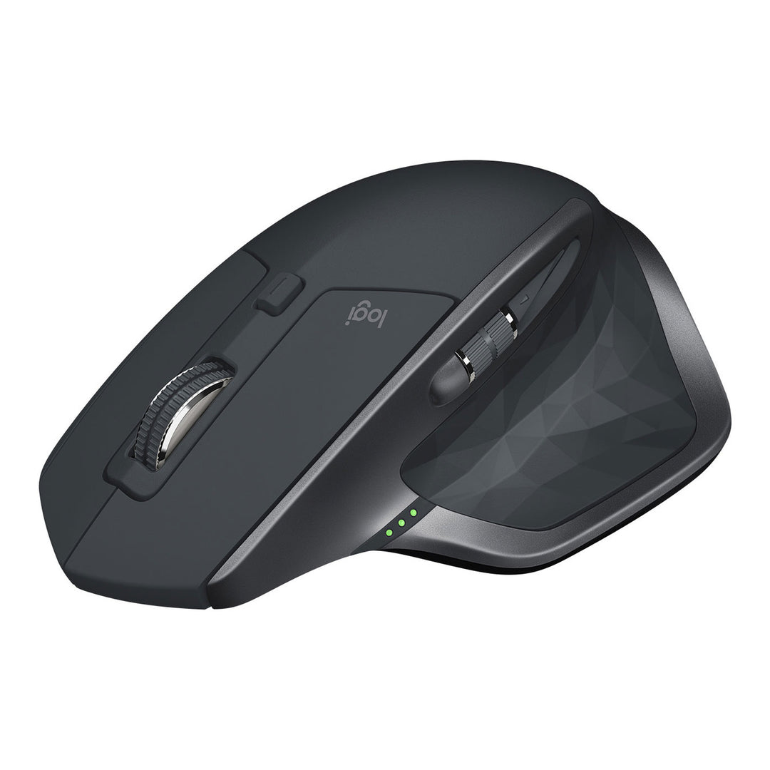 Logitech MX Master 2S Wireless Mouse in Graphite from the front left, showing the scroll wheel, thumb wheel and battery lights