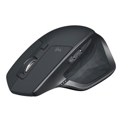 Logitech MX Master 2S Wireless Mouse in Graphite from the front left, showing the scroll wheel, thumb wheel and battery lights