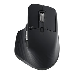 Logitech MX Master 3S Performance Wireless Mouse in Black, top view showing the MagSpeed scroll wheel and thumb wheel