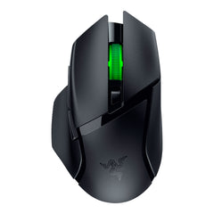 Razer Basilisk V3 X HyperSpeed wireless gaming mouse in Black, top view showing the green-lit scroll wheel, DPI button and Razer logo