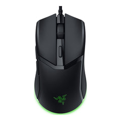 Razer Cobra wired gaming mouse in Black, top view with the scroll wheel, the button behind it and the green Chroma underglow
