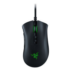 Razer DeathAdder V2 wired gaming mouse in Black, top view showing the green lit scroll wheel, the two buttons below it and the green Razer logo