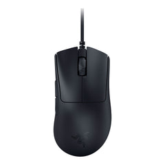 Razer DeathAdder V3 wired gaming mouse in Black, top view showing the split key cover, scroll wheel and braided Speedflex cable