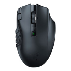 Razer Naga V2 HyperSpeed wireless MMO gaming mouse in Black, top view showing the scroll wheel, DPI buttons and the 12-button thumb grid on the left side