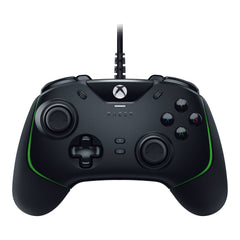 Razer Wolverine V2 wired gaming controller in Black, front view with the fixed USB cable, Mecha-Tactile buttons and green trim