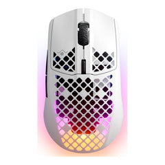 SteelSeries Aerox 3 Wireless (2022) gaming mouse in Snow, top view of the white holey shell lit by 3-zone RGB, with the black scroll wheel