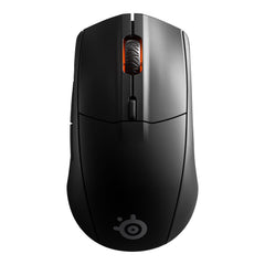 SteelSeries Rival 3 Wireless gaming mouse in Black, top view showing the scroll wheel, CPI button and SteelSeries logo