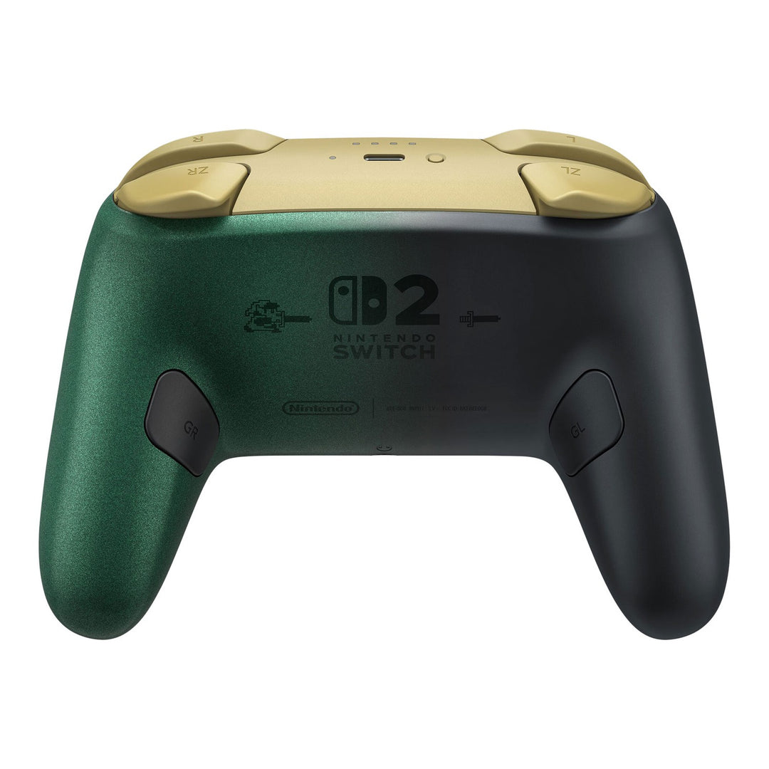 Nintendo Switch 2 Pro Controller The Legend of Zelda 40th Anniversary Edition, back view with a green grip and the pixel-art Link