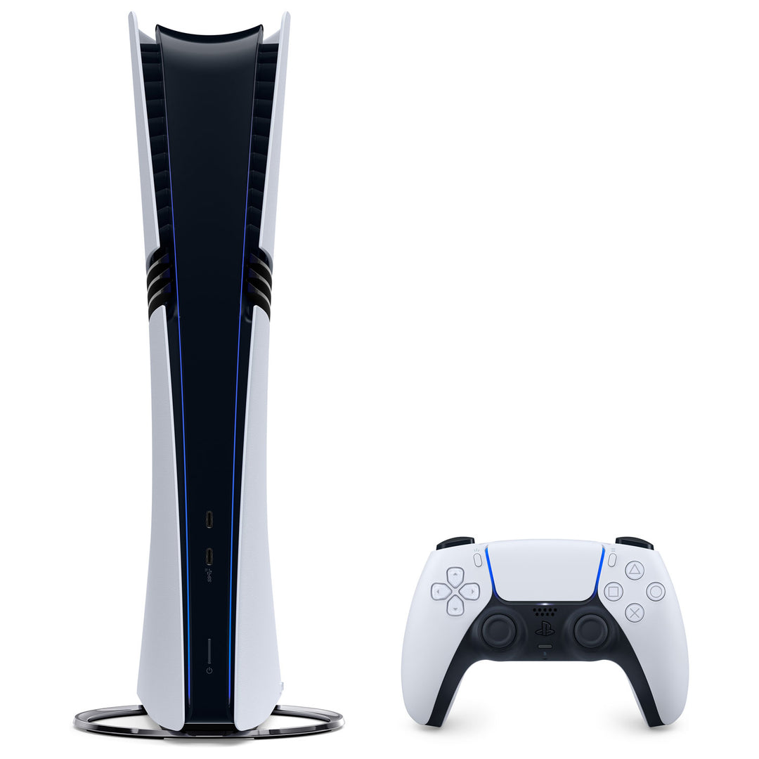 PlayStation 5 Pro Console front view with the DualSense controller, shown on the vertical stand sold separately