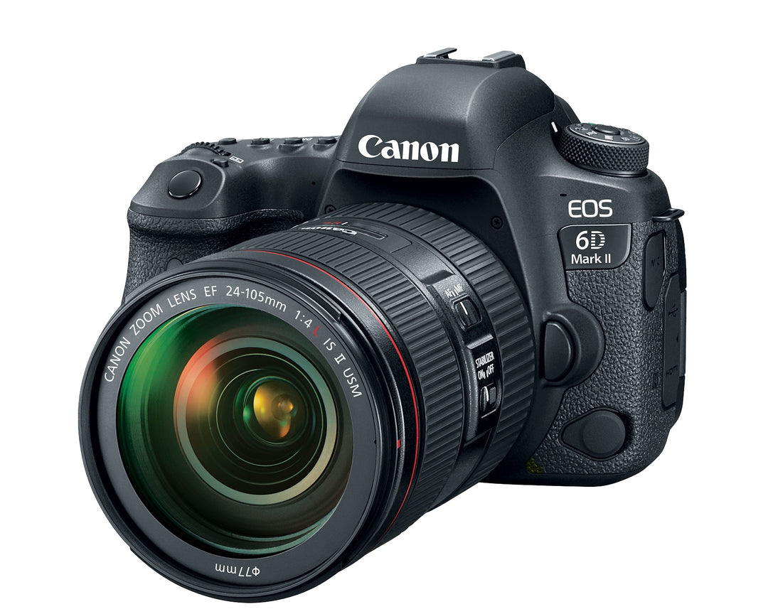 Canon EOS 6D Mark II with the EF 24-105mm f/4L IS II USM lens, three-quarter front view