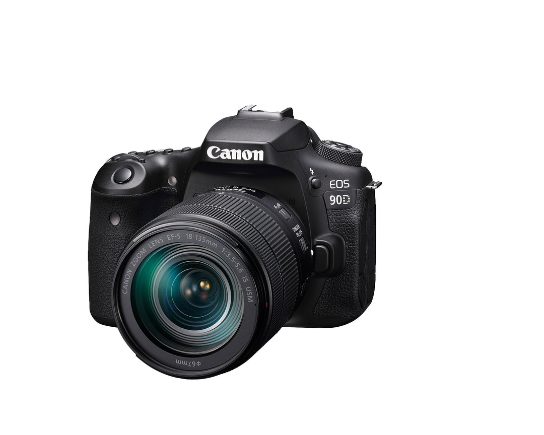 Canon EOS 90D with the EF-S 18-135mm IS USM lens, three-quarter front view