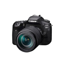 Canon EOS 90D with the EF-S 18-135mm IS USM lens, three-quarter front view
