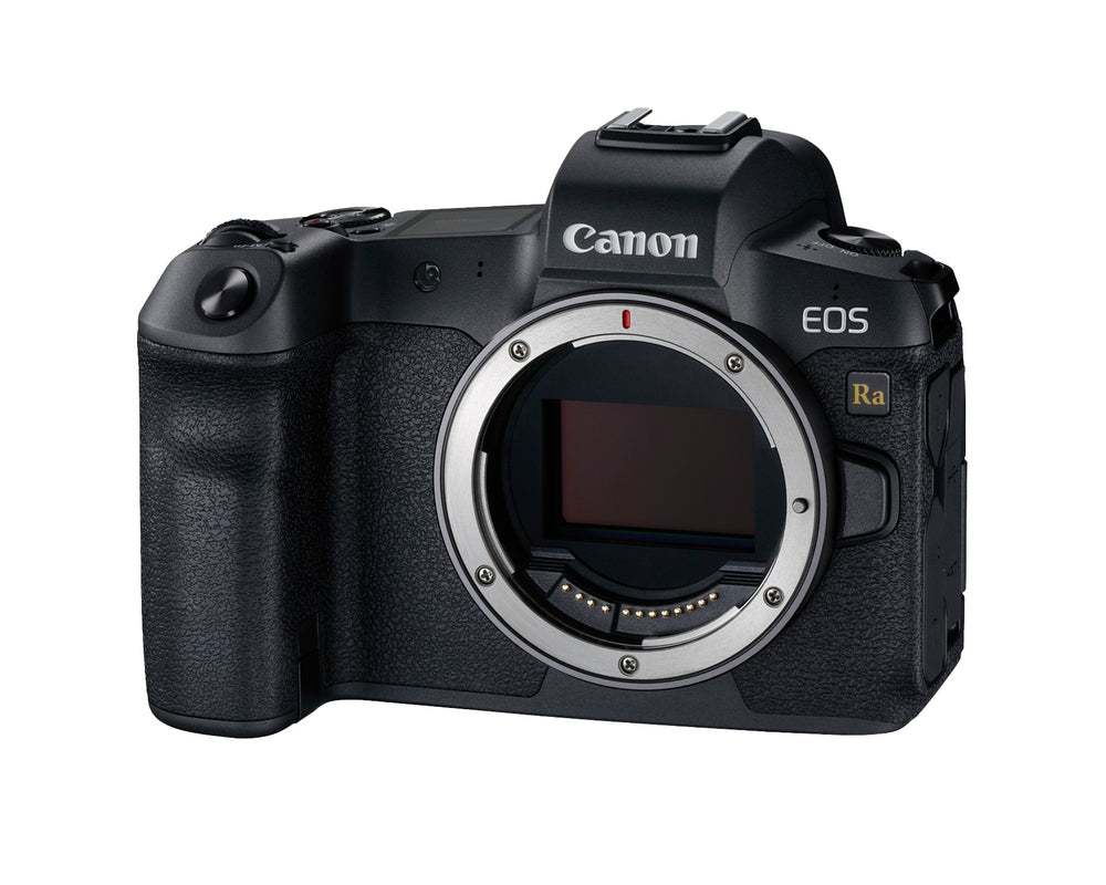 Canon EOS Ra body from the front left, showing the grip, RF mount and Ra badge