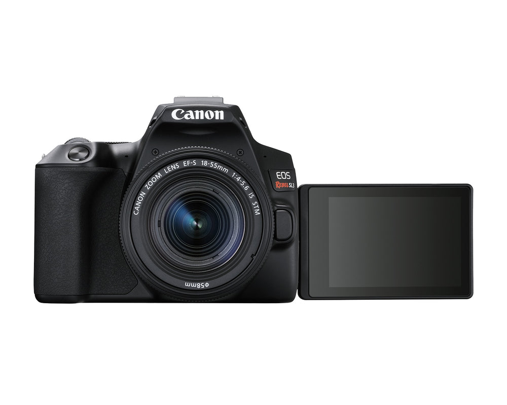Canon EOS Rebel SL3 with the 18-55mm lens and the vari-angle touchscreen swung out to the side