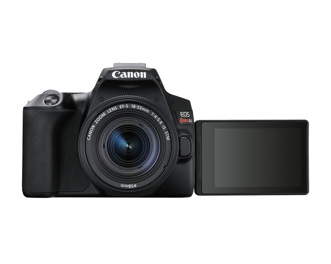Canon EOS Rebel SL3 with the 18-55mm lens and the vari-angle touchscreen swung out to the side