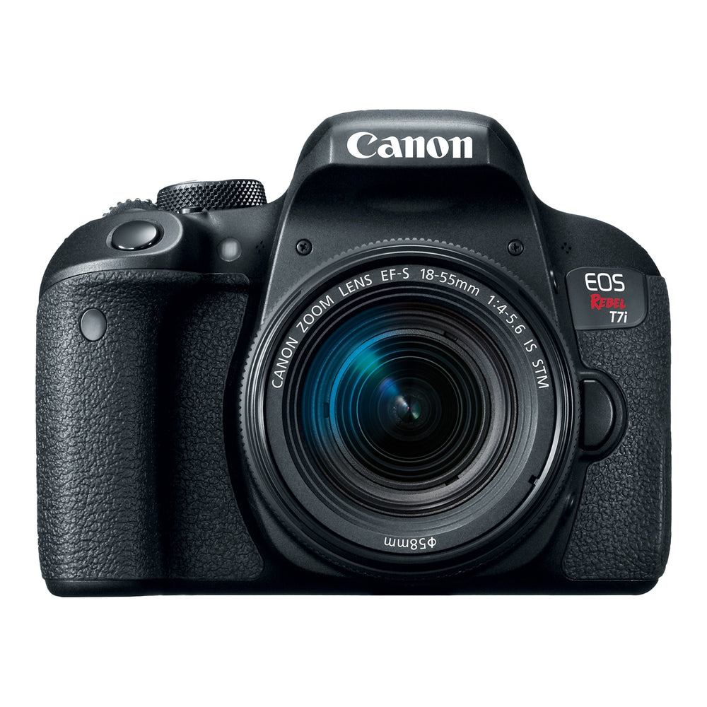 Canon EOS Rebel T7i with the 18-55mm IS STM lens, straight-on front view