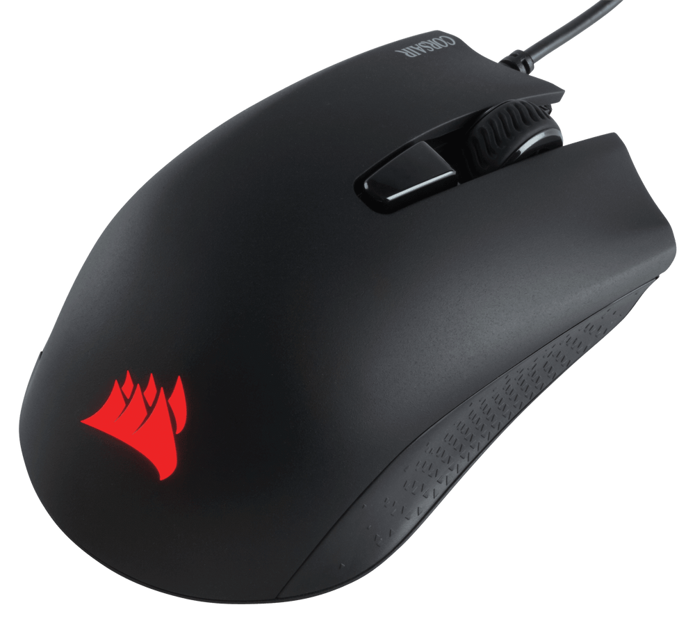 Corsair HARPOON RGB PRO in Black from the front left, showing the DPI button, scroll wheel and lit sails logo