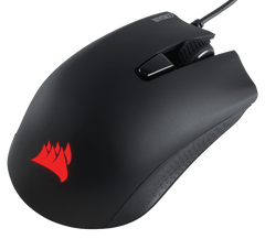Corsair HARPOON RGB PRO in Black from the front left, showing the DPI button, scroll wheel and lit sails logo