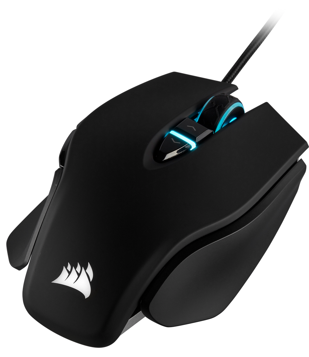 Corsair M65 RGB ELITE in Black from the front left, showing the lit scroll wheel and the Corsair logo
