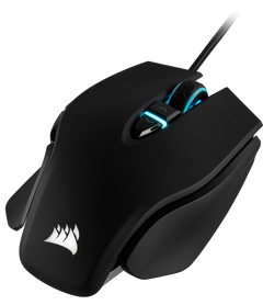 Corsair M65 RGB ELITE in Black from the front left, showing the lit scroll wheel and the Corsair logo