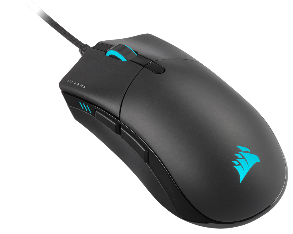 Corsair SABRE RGB PRO Champion Series in Black from the front left, showing the two side buttons, the DPI indicator lights and the paracord cable