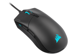 Corsair SABRE RGB PRO Champion Series in Black from the front left, showing the two side buttons, the DPI indicator lights and the paracord cable