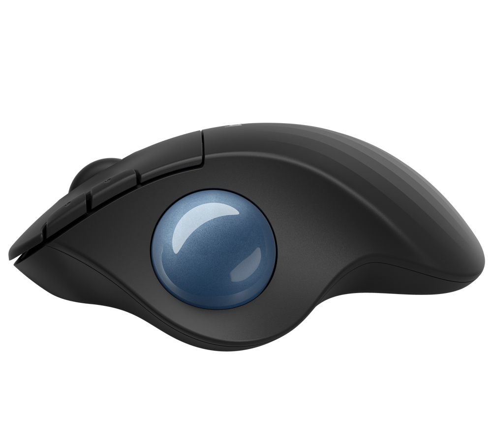 Logitech ERGO M575 in Black from the left side, showing the thumb trackball and the sculpted shape