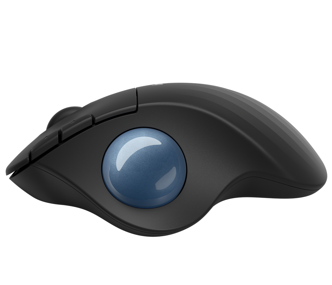 Logitech ERGO M575 in Black from the left side, showing the thumb trackball and the sculpted shape