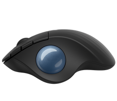 Logitech ERGO M575 in Black from the left side, showing the thumb trackball and the sculpted shape